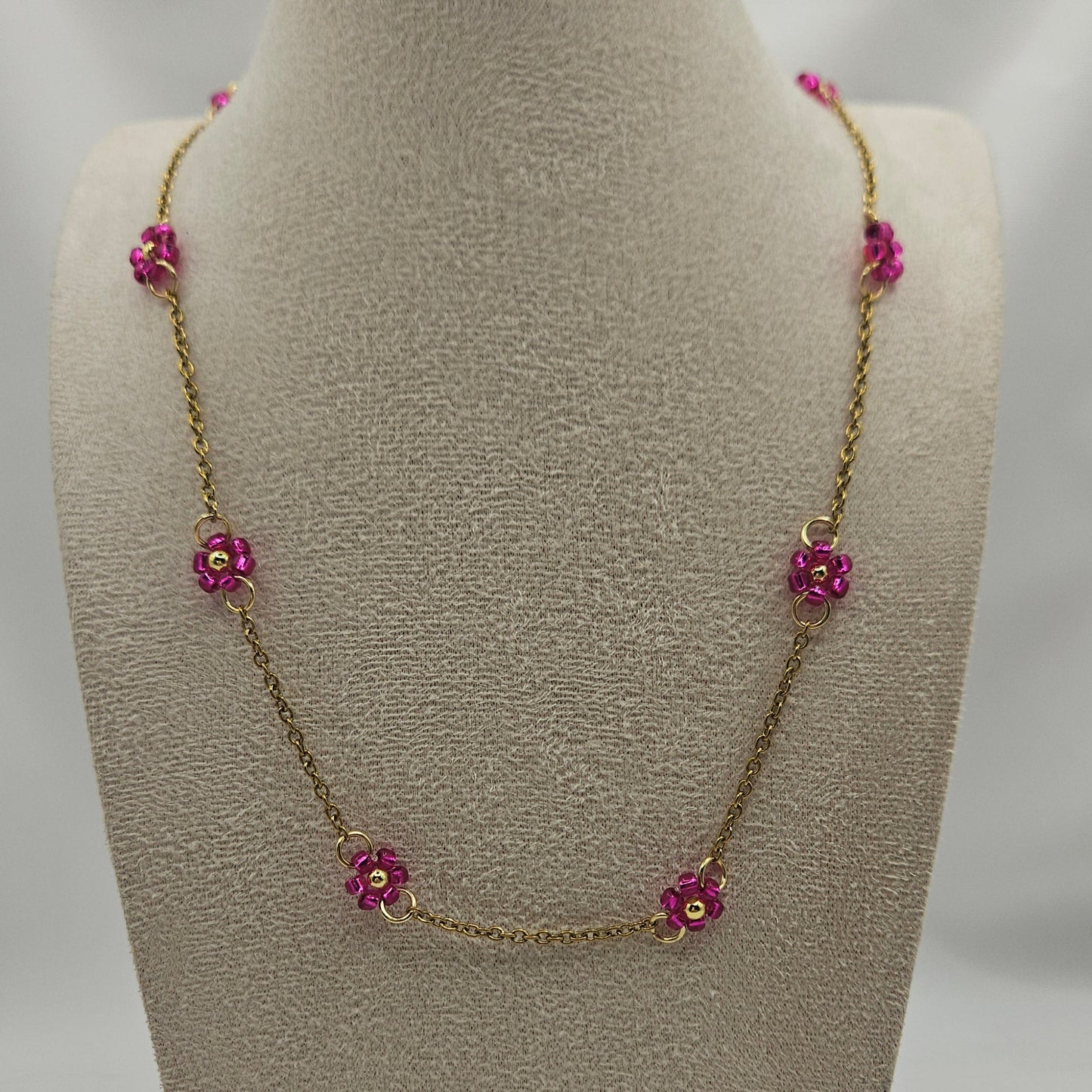 Perlen-Blümchenkette – Edelstahlkette mit weißen ODER pinken Blumen