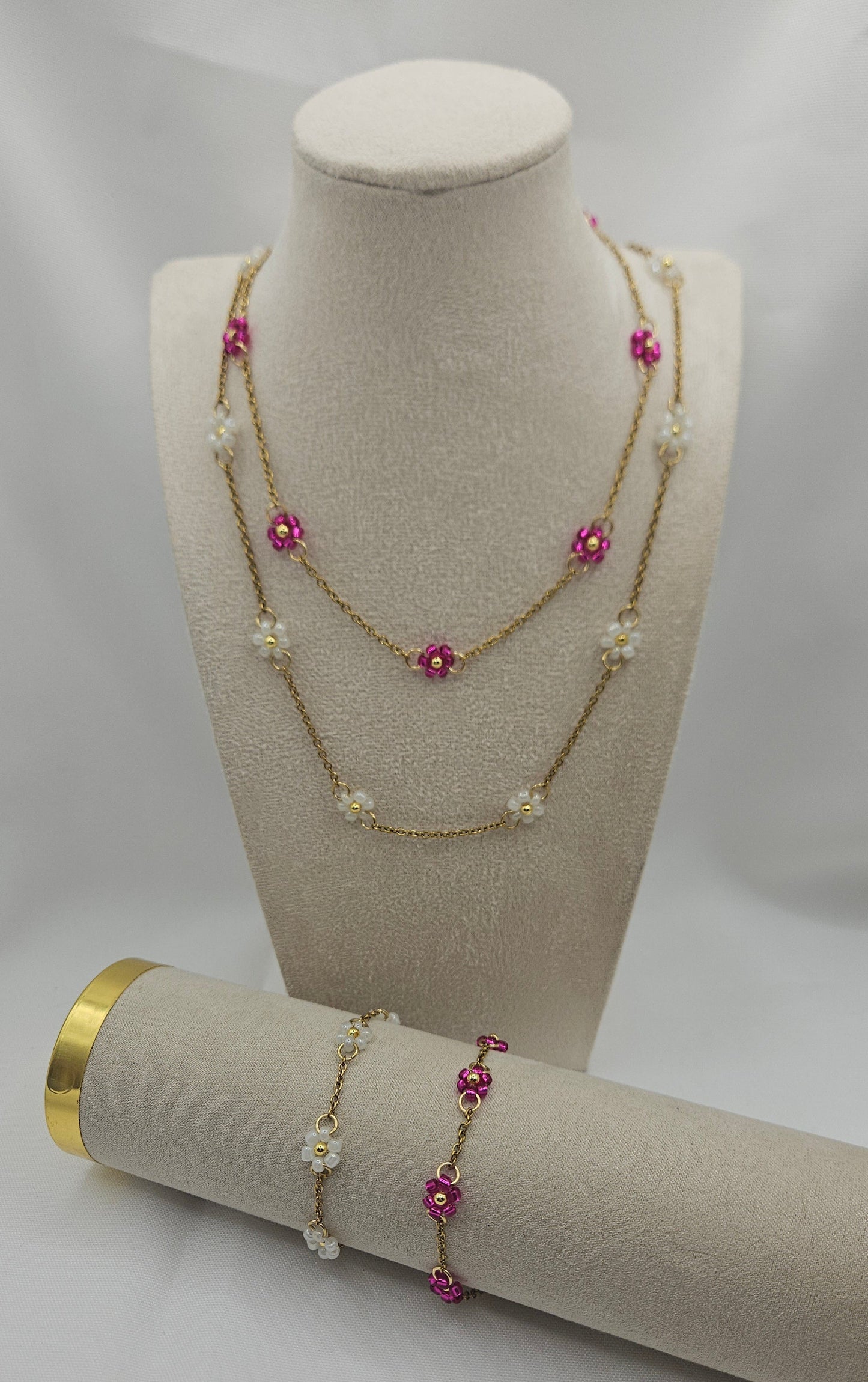 Perlen-Blümchenkette – Edelstahlkette mit weißen ODER pinken Blumen