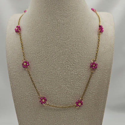 Perlen-Blümchenkette – Edelstahlkette mit weißen ODER pinken Blumen