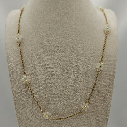 Perlen-Blümchenkette – Edelstahlkette mit weißen ODER pinken Blumen