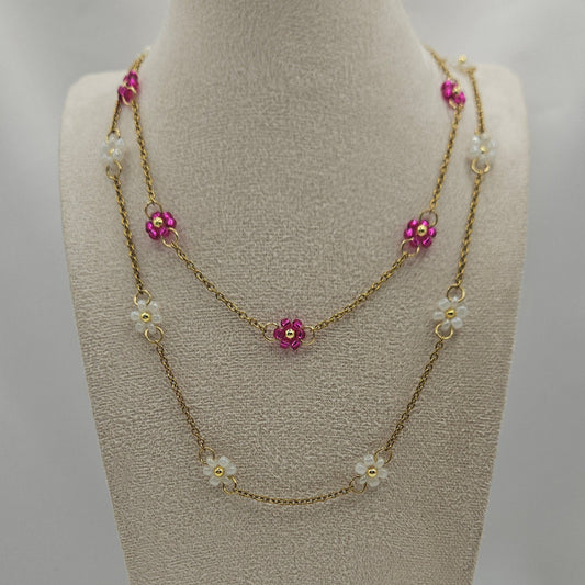 Perlen-Blümchenkette – Edelstahlkette mit weißen ODER pinken Blumen