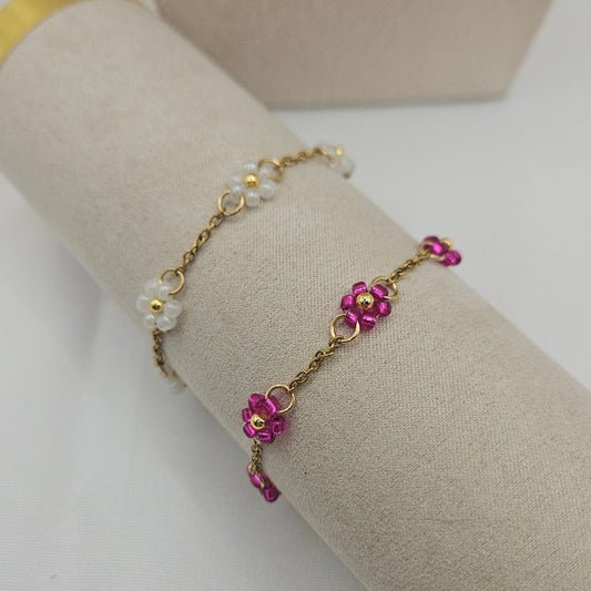 Perlen-Blütenarmband – Edelstahlarmband mit weißen ODER pinken Blumen