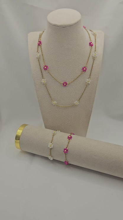 Perlen-Blümchenkette – Edelstahlkette mit weißen ODER pinken Blumen